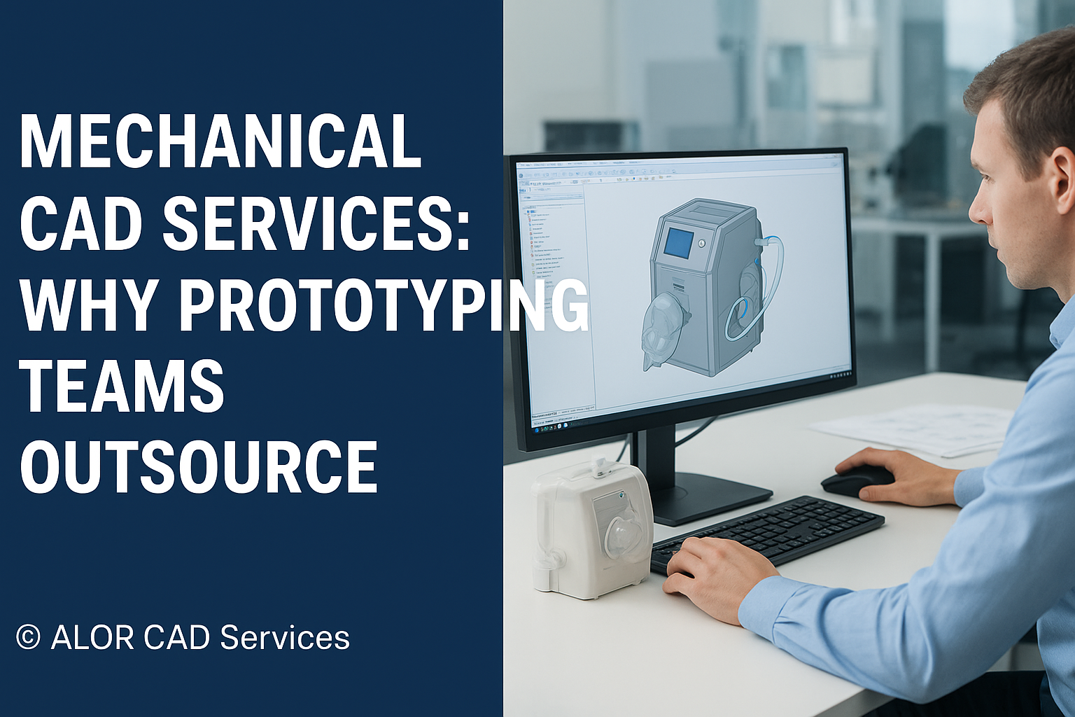 Professional working on ventilator prototype using 3D CAD modeling software, representing mechanical CAD service outsourcing.