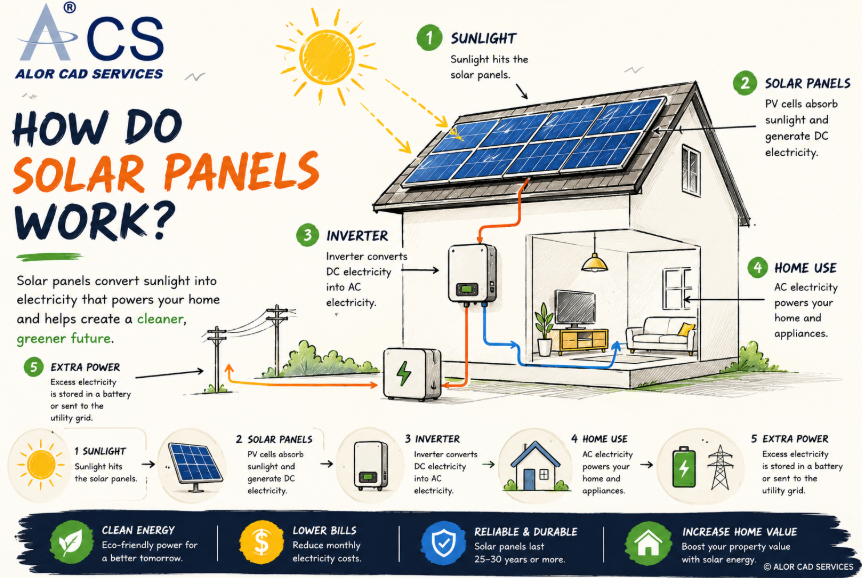 How do solar panels work illustration showing sunlight converting into home electricity