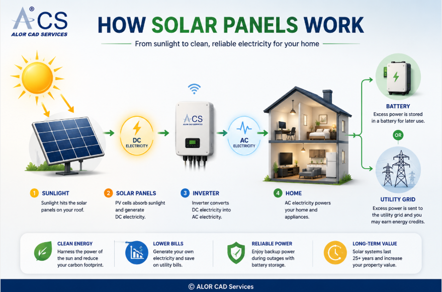 Solar energy flow diagram showing sunlight converting into electricity through solar panels, inverter, home usage, battery storage, and utility grid