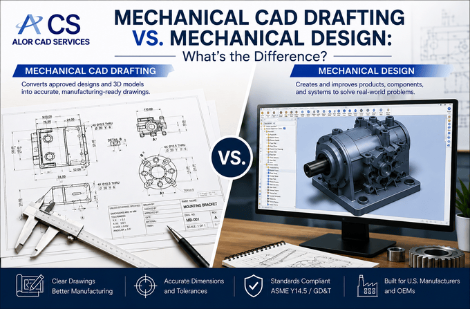 Mechanical CAD drafting and mechanical design comparison showing 2D engineering drawings and a 3D mechanical model